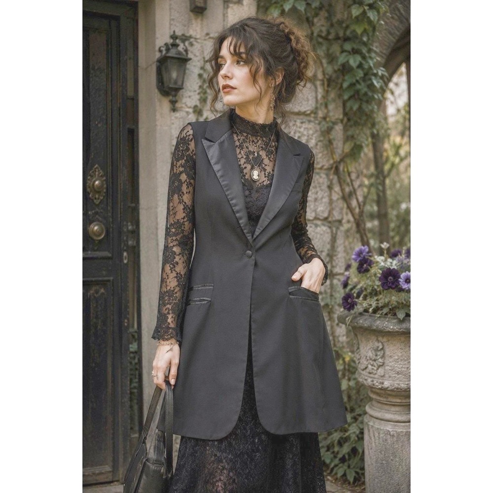 Flying Tomato Long Vest Womens L Black Whimsygoth Satin Trim Tuxedo Waistcoat